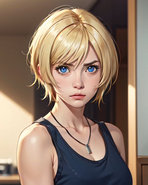 18292-1576136269-masterpiece, best quality, 8k,  , ayabrea, 1girl, blonde_hair, short_hair, blue_eyes, tank_top, pendant, dog_tags, frown, lookin.png